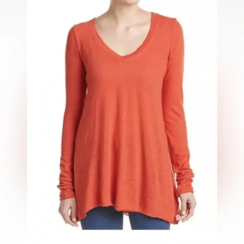 We The Free People Anna Burnout Tee M Orange Coral Shirt Top Distressed *read